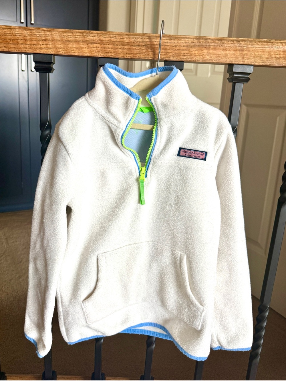 Vineyard Vines White Kids Fleece Pullover with Blue Trim and Neon Zipper